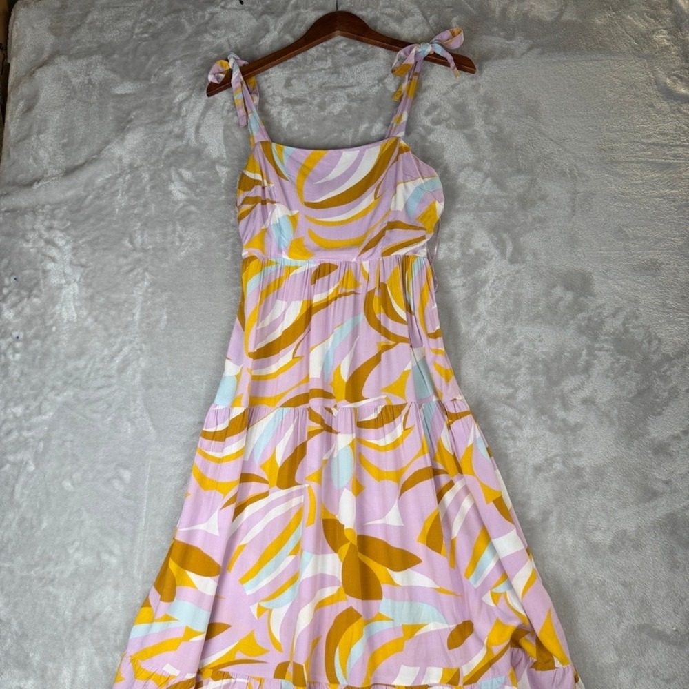 spring tiered midi dress print smocked bodice tie straps lavender yellow